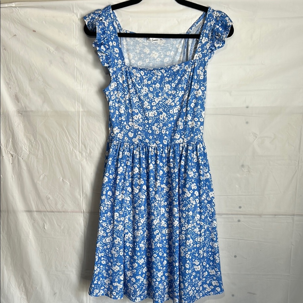Blue and White Flutter Sleeve Mini Sundress